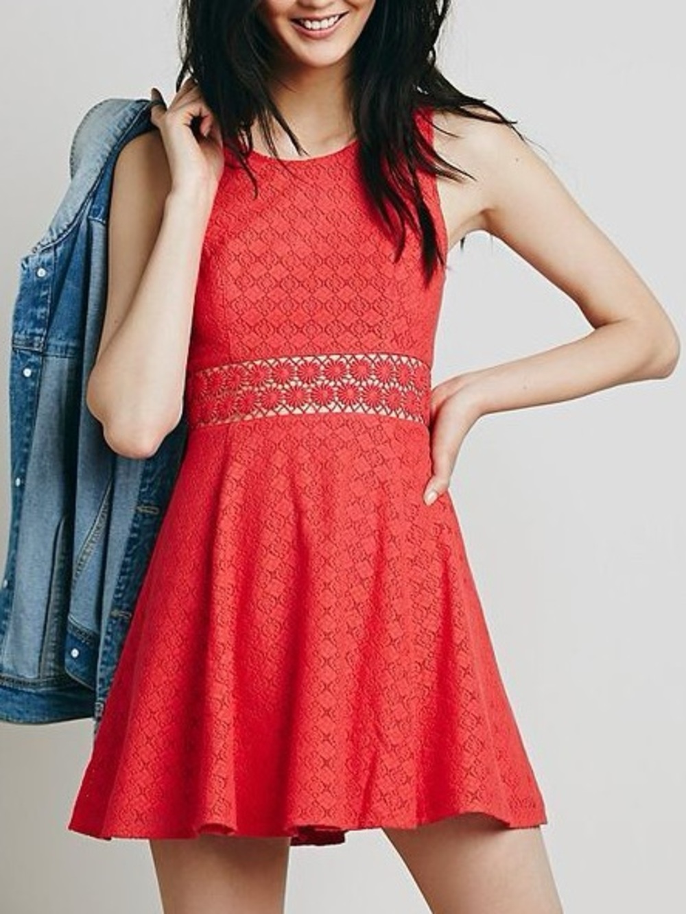 Red Free People Fitted With Daisies Sleeveless Crochet Flower Dress